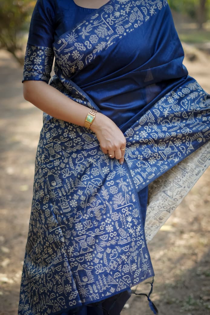 Dark Blue Raw Silk Saree