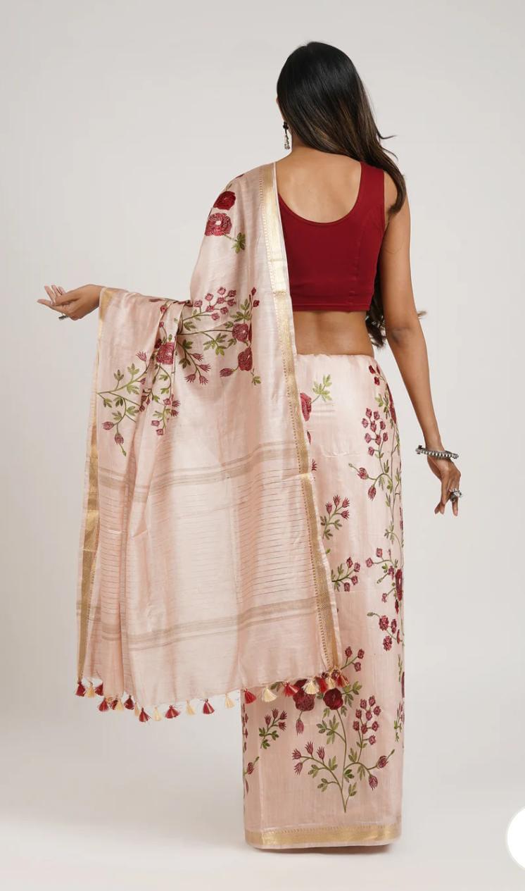 Kota Banarasee Beige with Wine Floral Saree