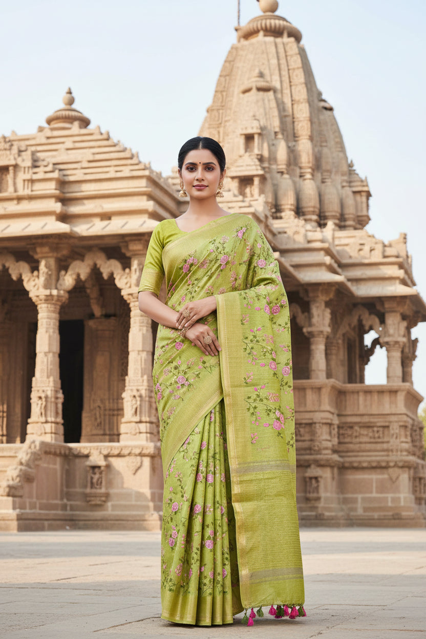 Kota Banarasee Mehandi Green Saree