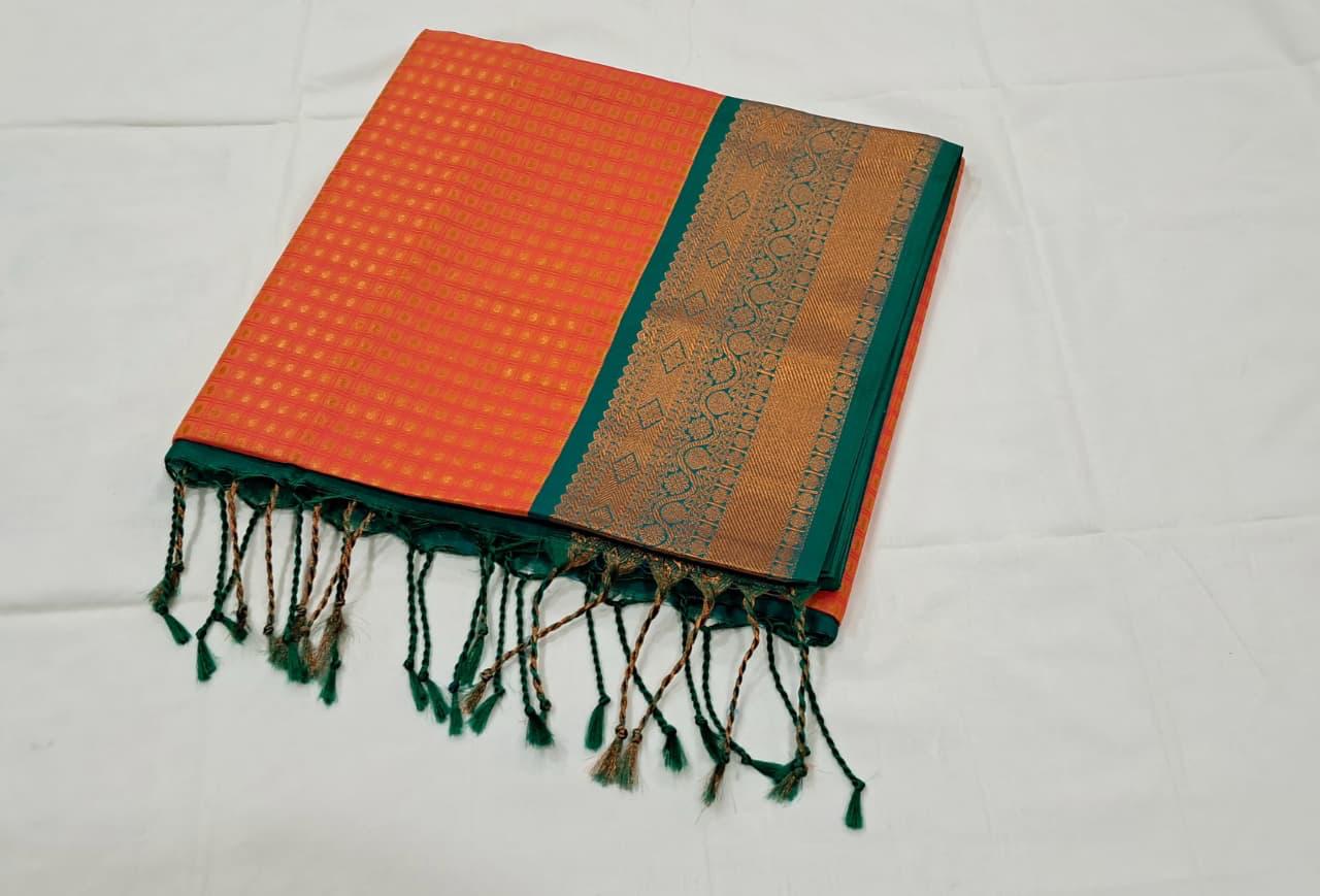 Orange and Green Kanchi Soft Silk Saree