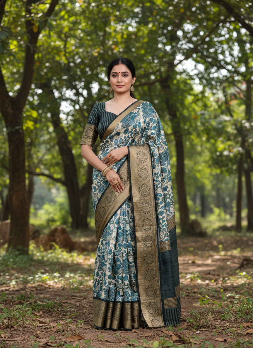 Blue Tussar Saree