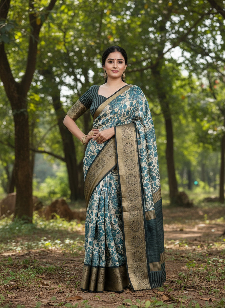 Blue Tussar Saree