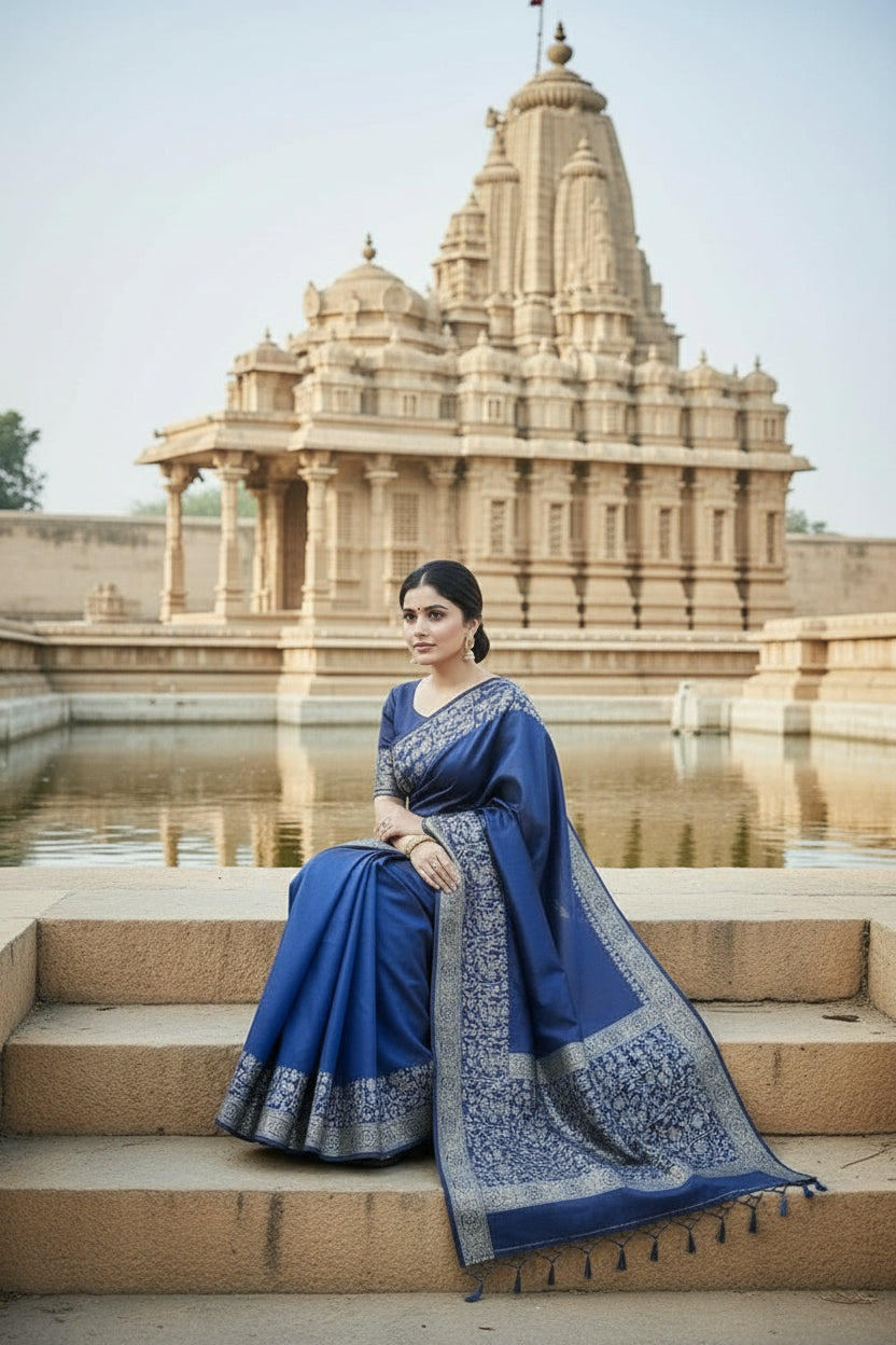 Dark Blue Raw Silk Saree