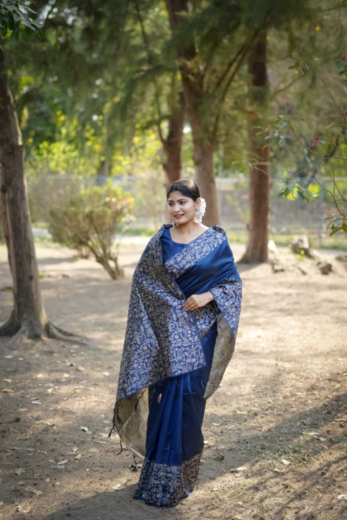 Dark Blue Raw Silk Saree
