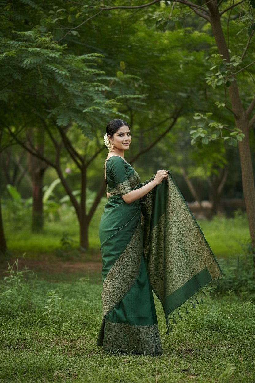 Dark Green Raw Silk Saree