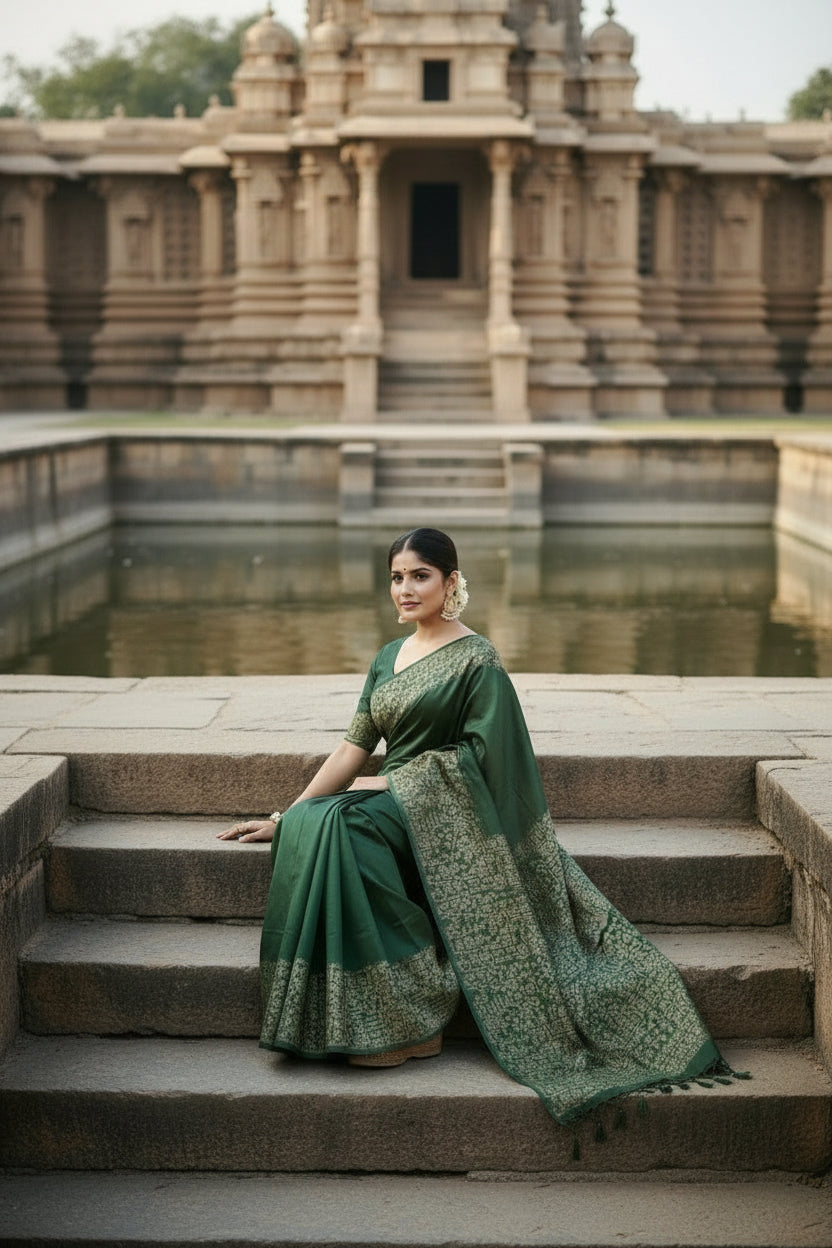 Dark Green Raw Silk Saree
