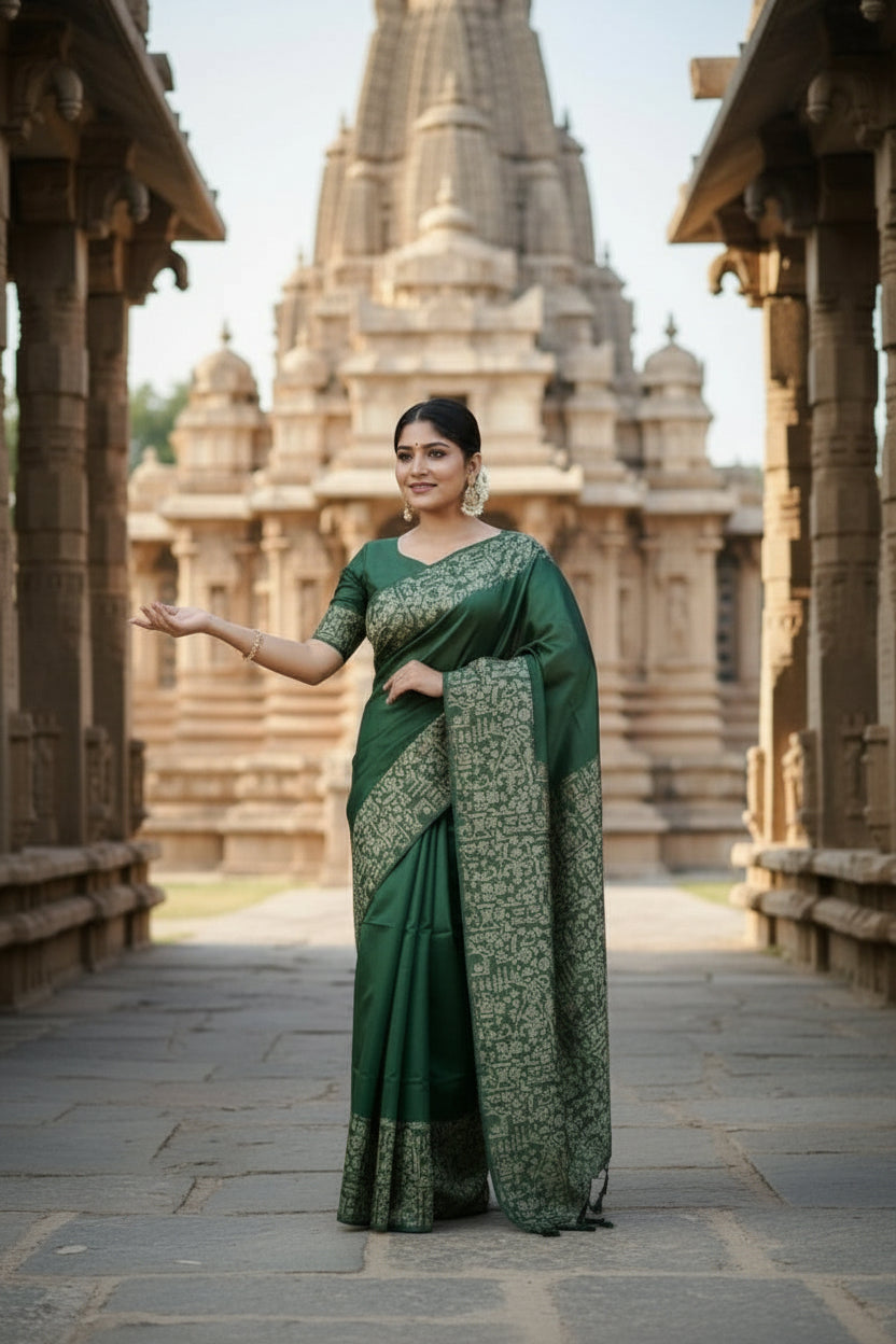Dark Green Raw Silk Saree