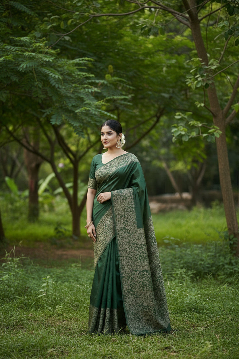Dark Green Raw Silk Saree