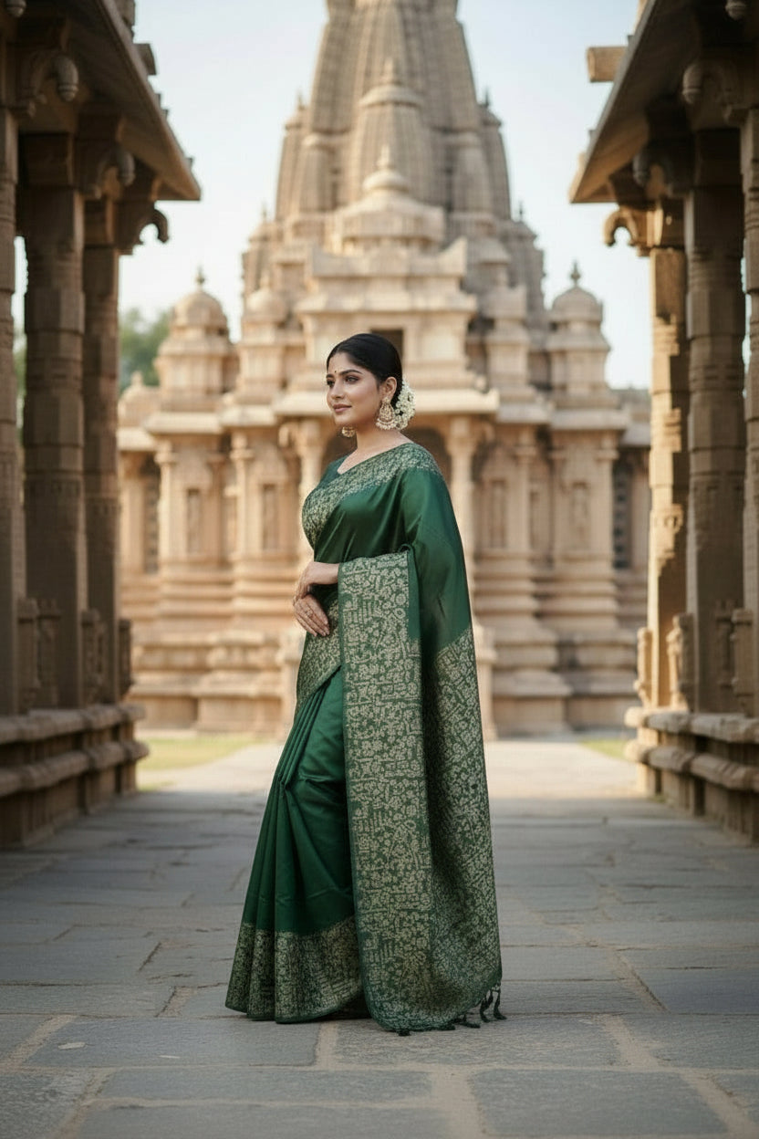 Dark Green Raw Silk Saree