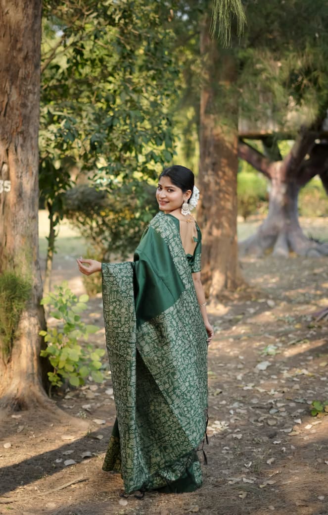 Dark Green Raw Silk Saree