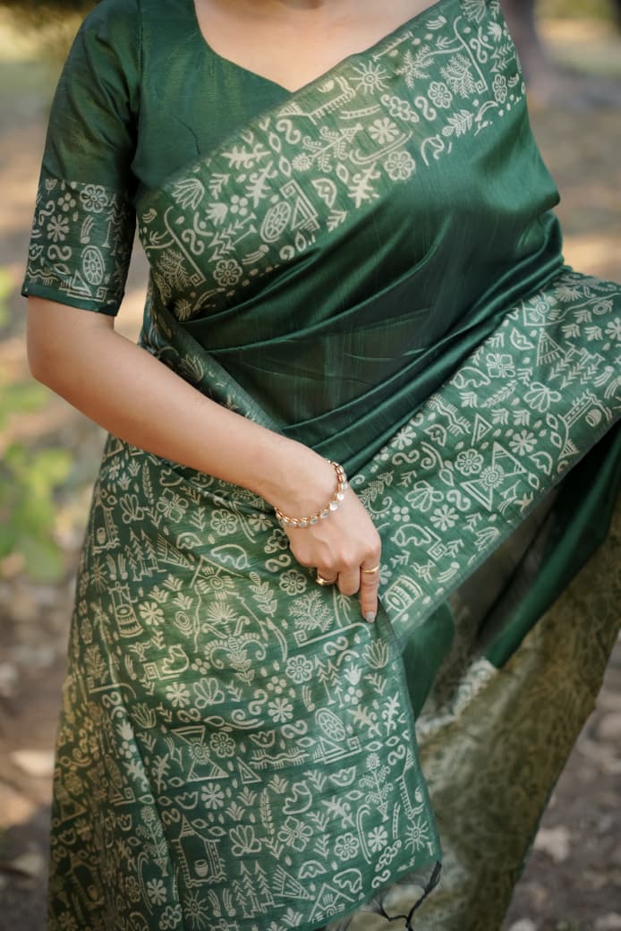 Dark Green Raw Silk Saree