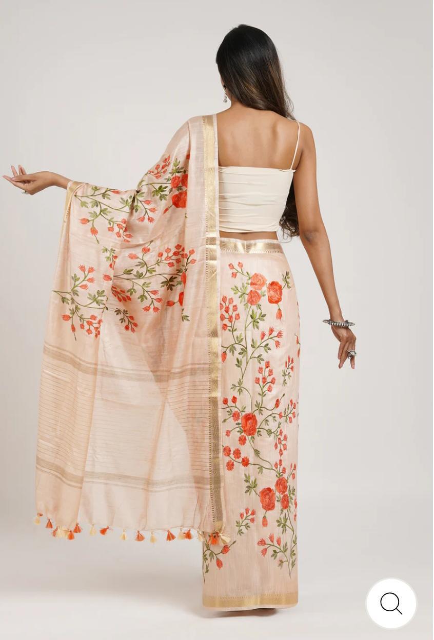 Kota Banarasee Beige with Peach Floral Saree