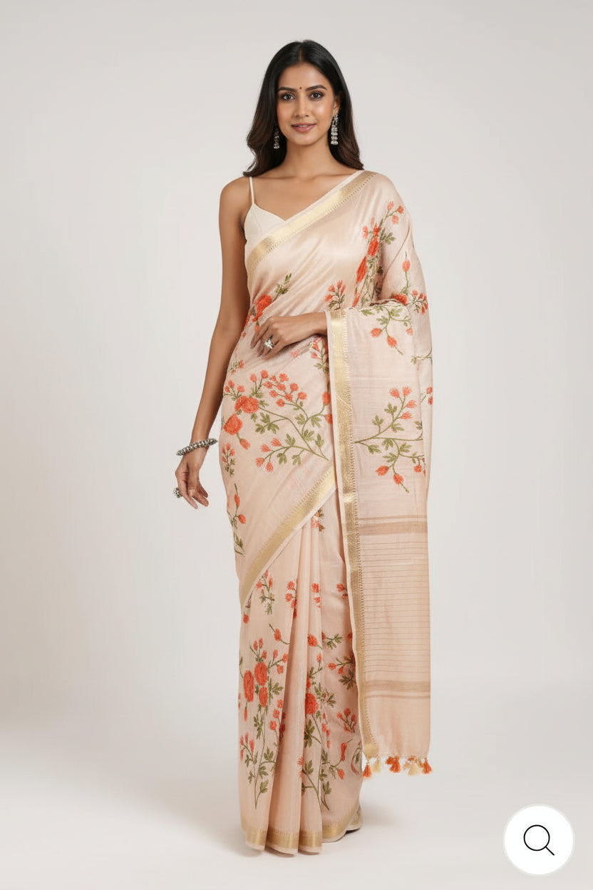 Kota Banarasee Beige with Peach Floral Saree