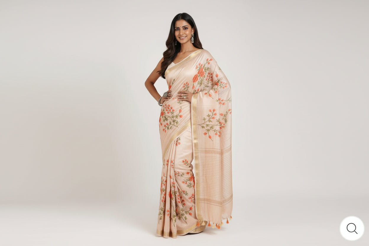Kota Banarasee Beige with Peach Floral Saree