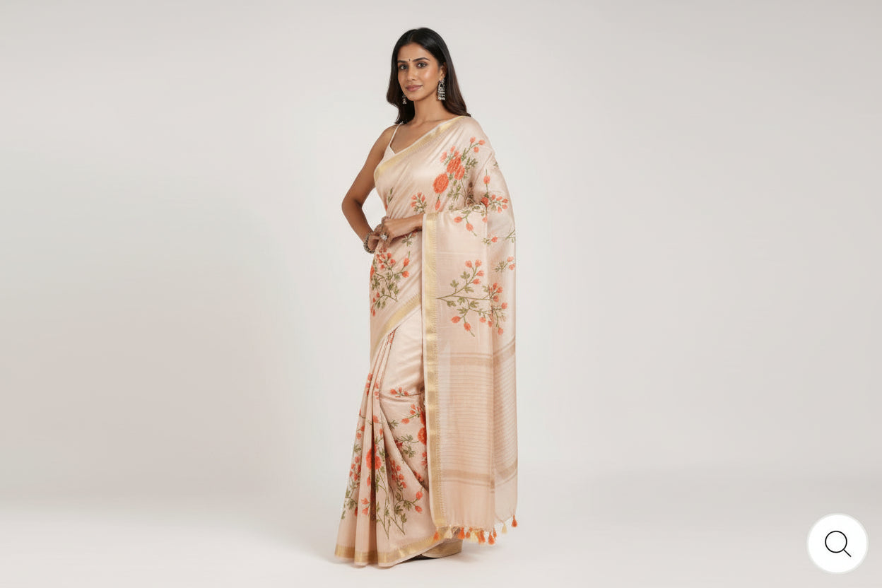 Kota Banarasee Beige with Peach Floral Saree