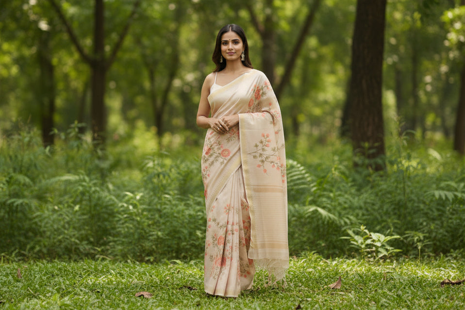 Kota Banarasee Beige with Peach Floral Saree