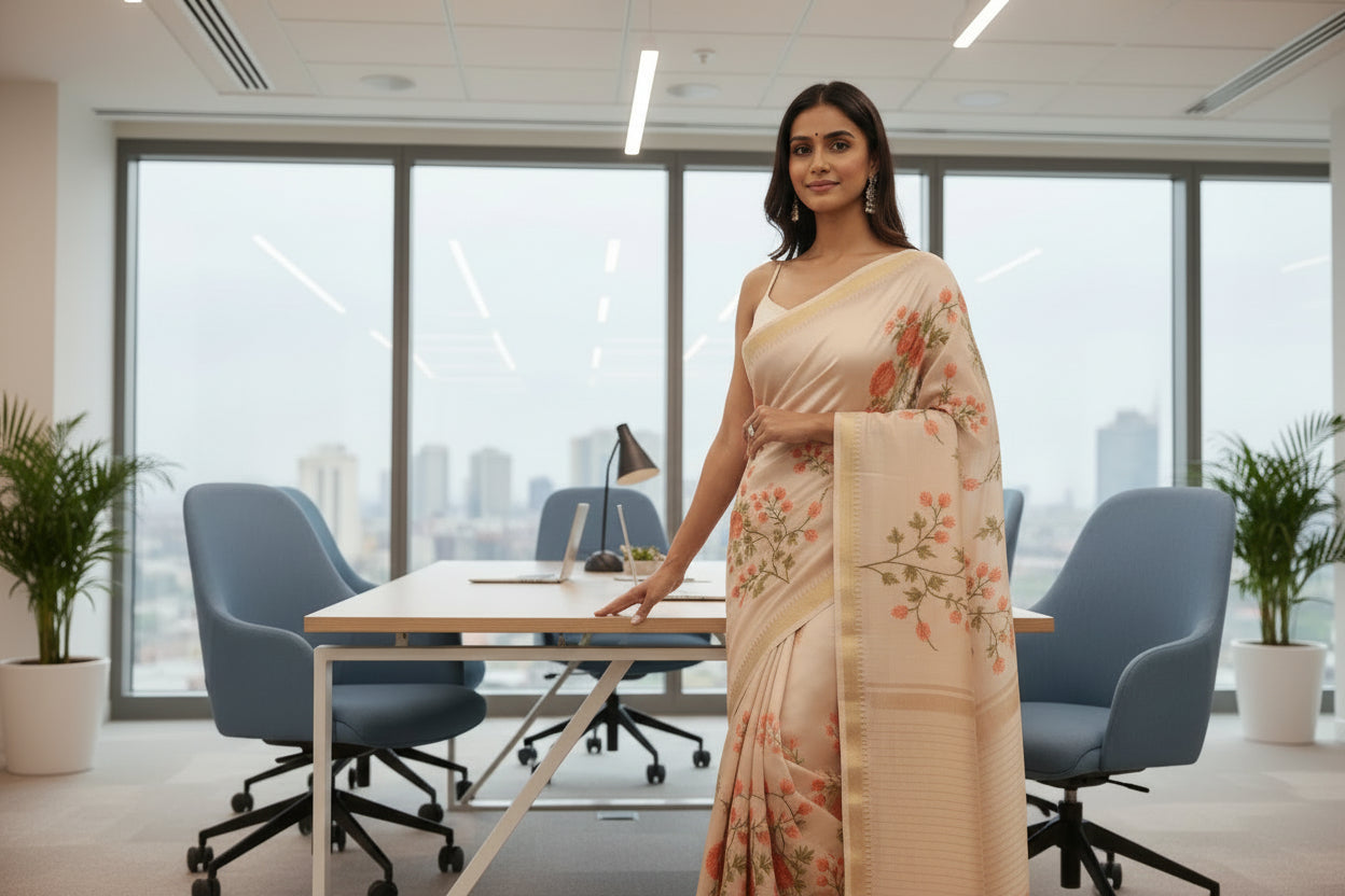 Kota Banarasee Beige with Peach Floral Saree