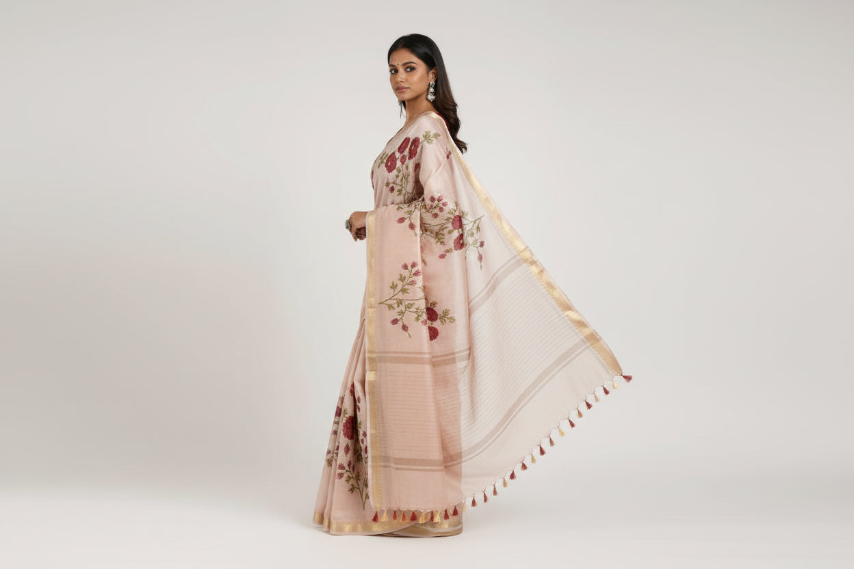 Kota Banarasee Beige with Wine Floral Saree