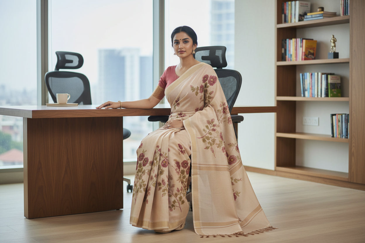 Kota Banarasee Beige with Wine Floral Saree