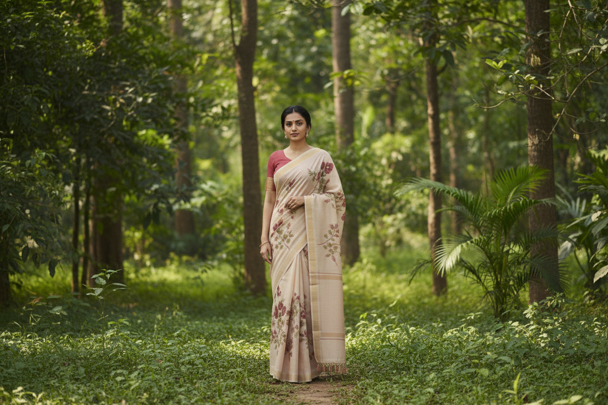 Kota Banarasee Beige with Wine Floral Saree