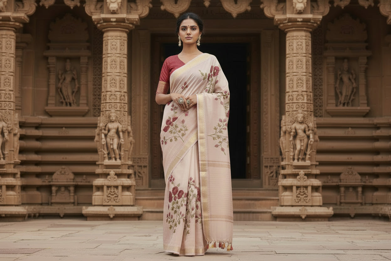 Kota Banarasee Beige with Wine Floral Saree