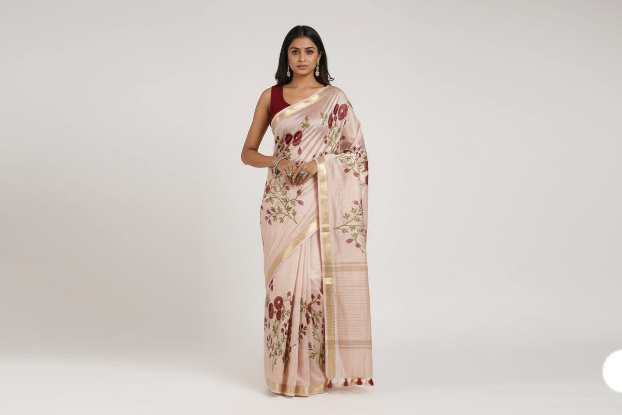 Kota Banarasee Beige with Wine Floral Saree