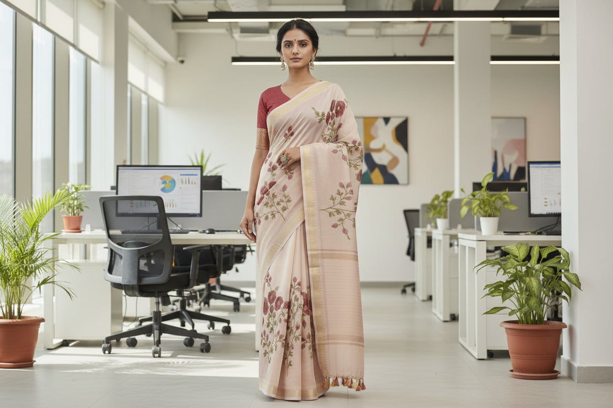 Kota Banarasee Beige with Wine Floral Saree