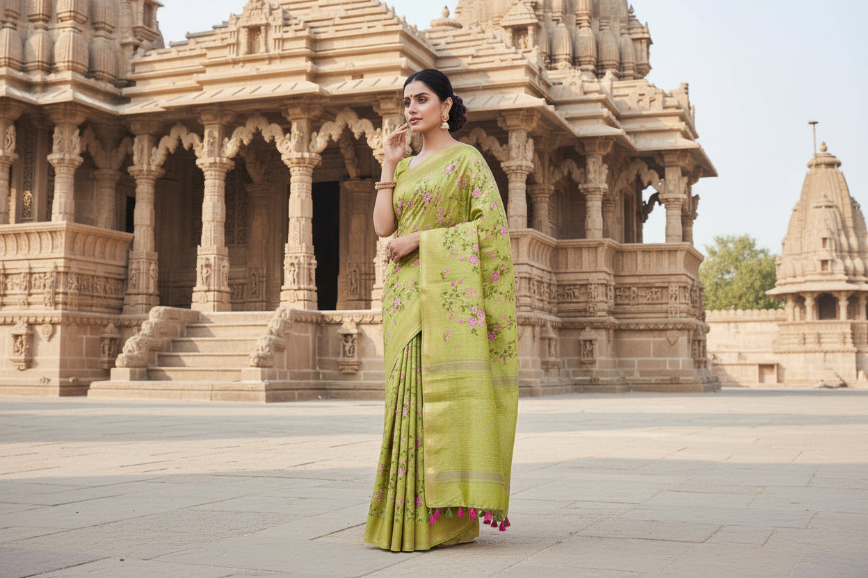 Kota Banarasee Mehandi Green Saree