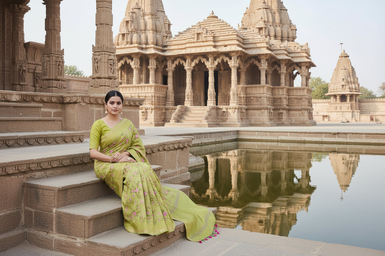 Kota Banarasee Mehandi Green Saree