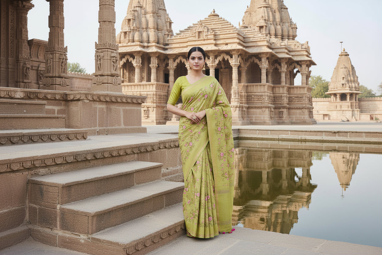 Kota Banarasee Mehandi Green Saree