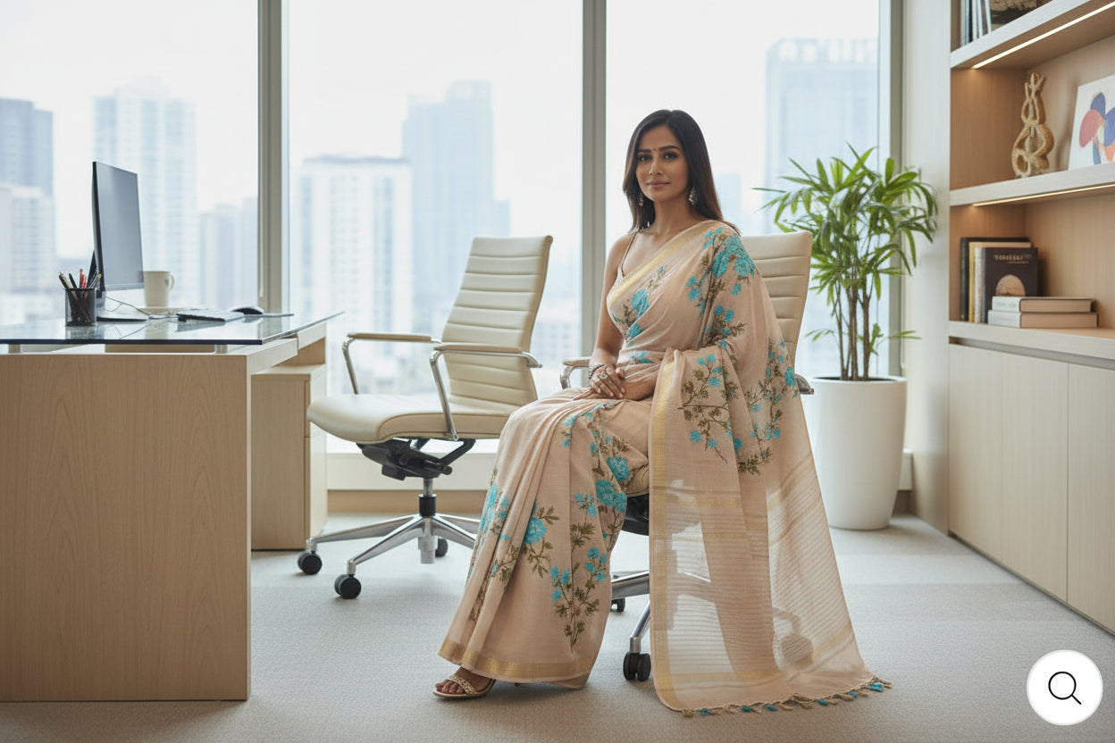 Kota Banarasee Beige with Blue Floral Saree