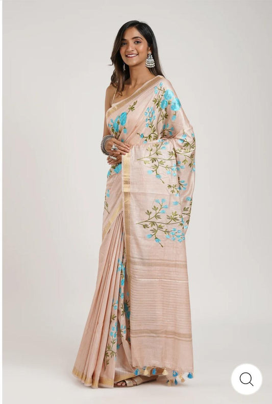Kota Banarasee Beige with Blue Floral Saree