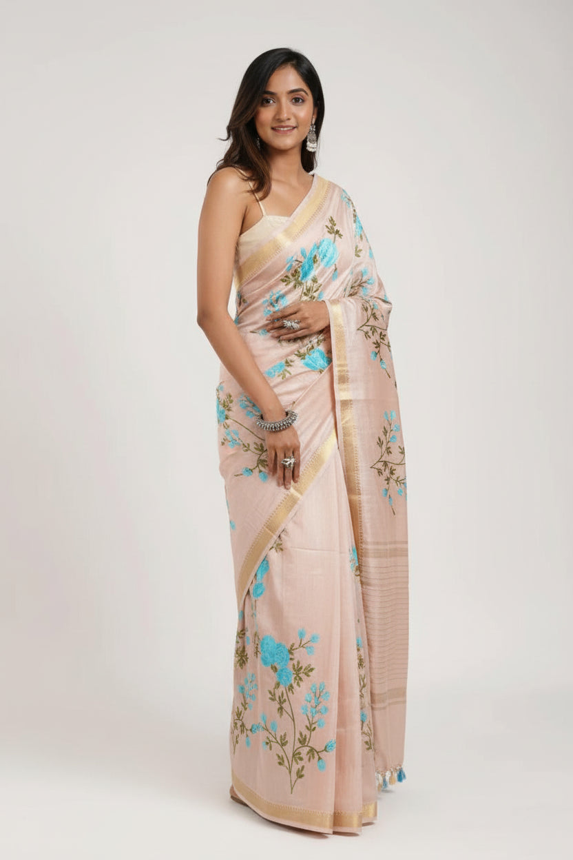 Kota Banarasee Beige with Blue Floral Saree