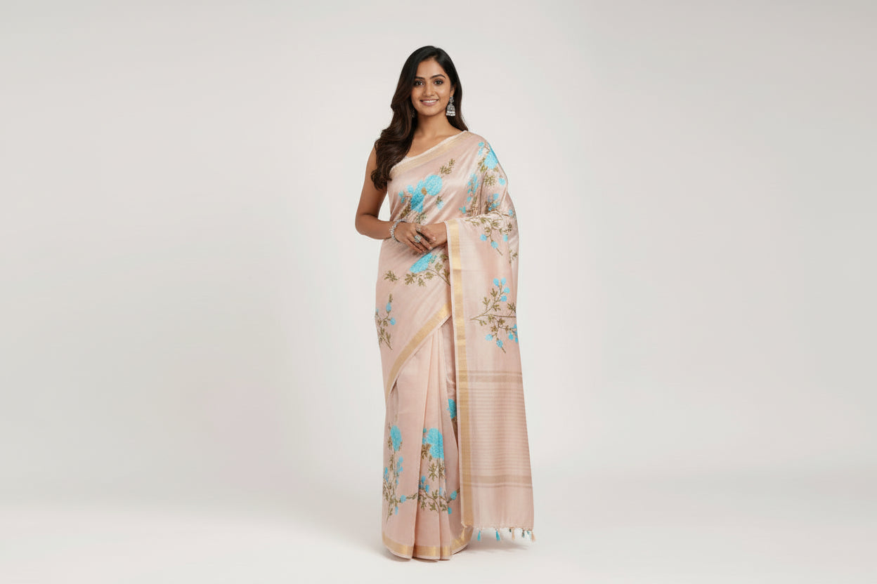 Kota Banarasee Beige with Blue Floral Saree