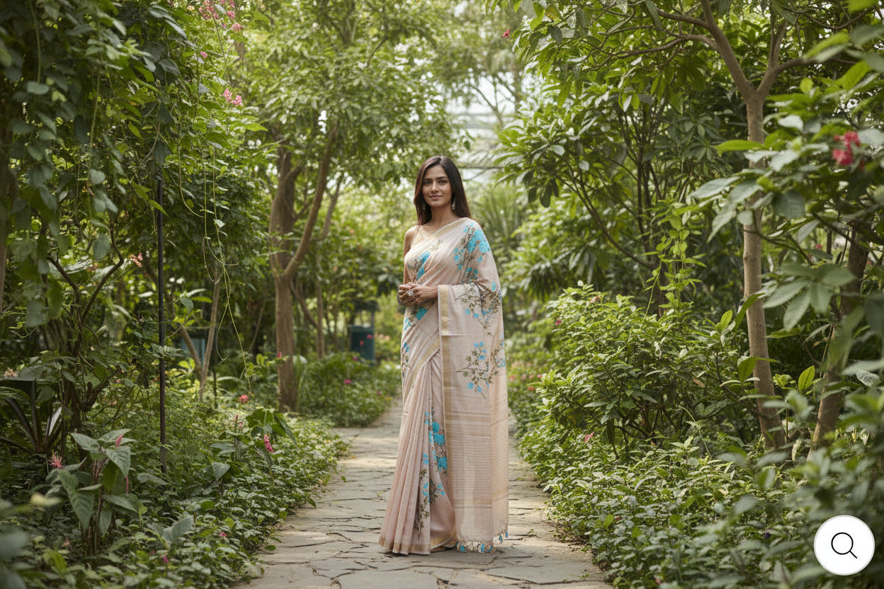 Kota Banarasee Beige with Blue Floral Saree