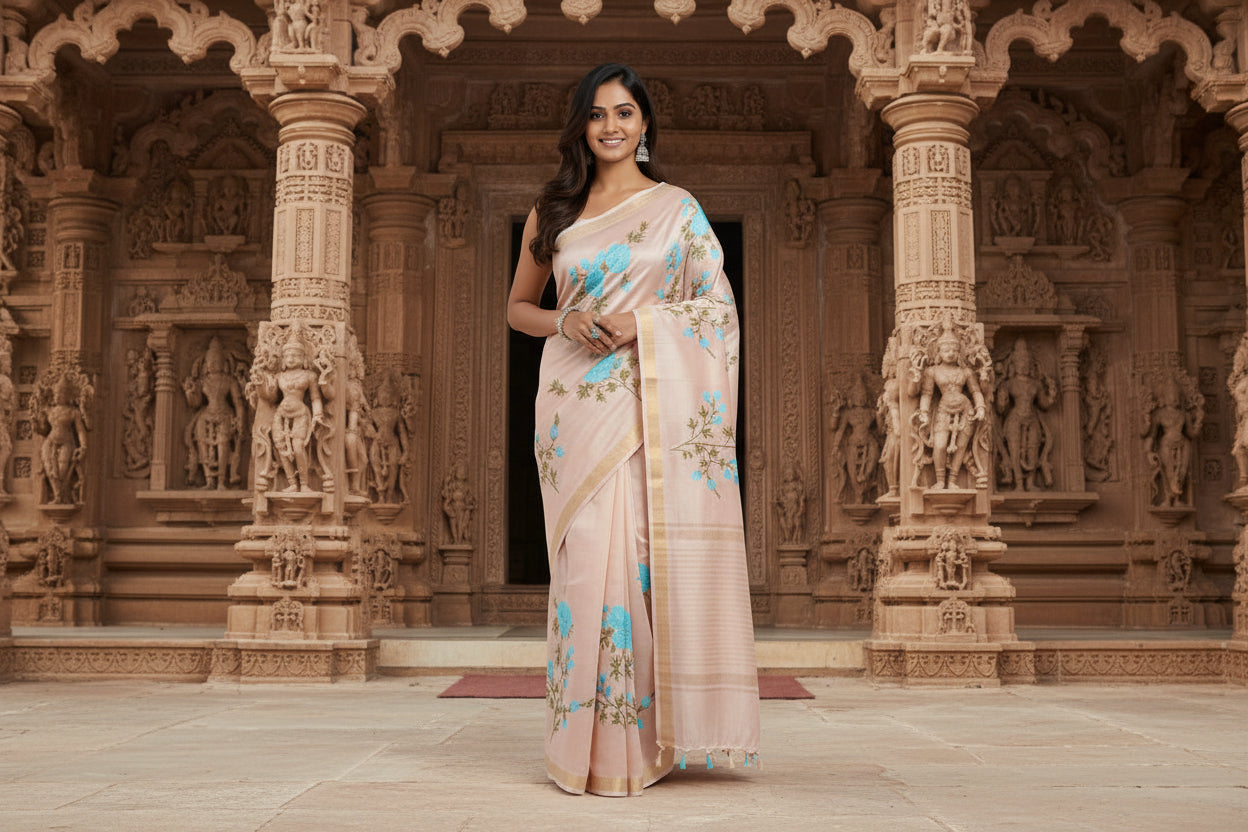 Kota Banarasee Beige with Blue Floral Saree
