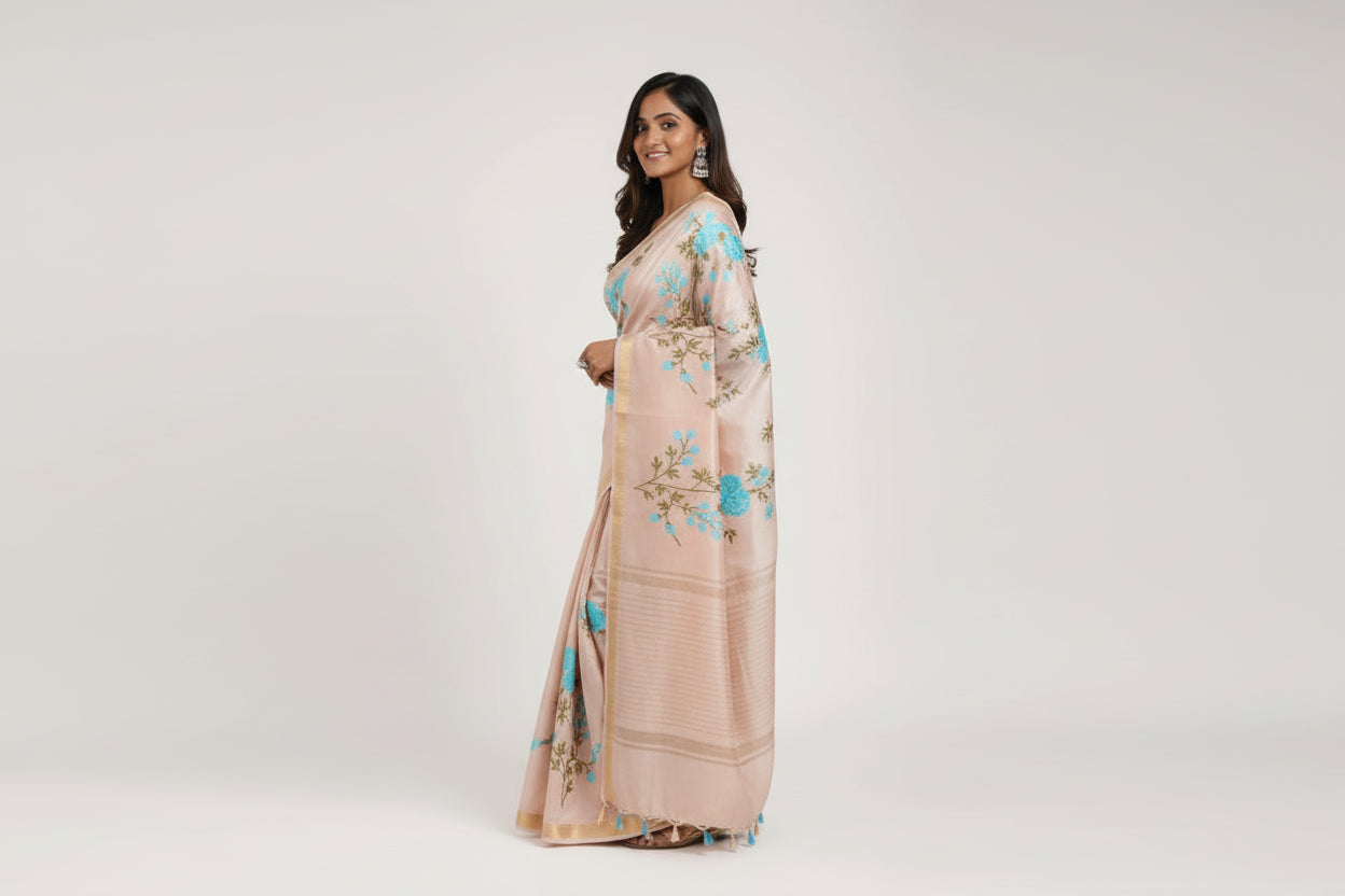 Kota Banarasee Beige with Blue Floral Saree